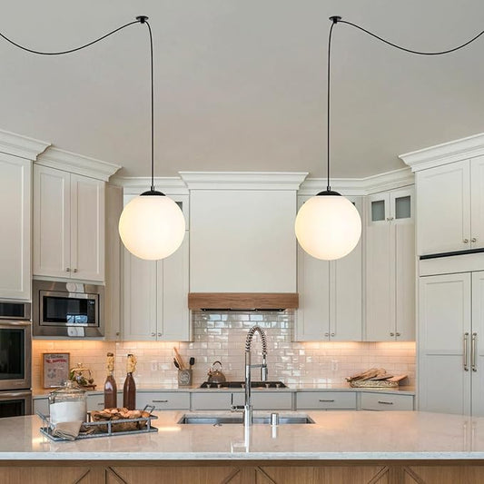 Plug in Globe Pendant Light, 10" Mid Century Modern Hanging Lamp with Switch, Black Globe Chandelier with Milk Glass for Bedroom Bedside, Couch Side, Coffee Corner, Entryway and Small Bar