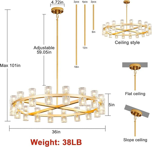 Modern 36" Gold Round Chandelier Light Fixture, K9 Crystal Chandeliers for Dining Room, Living Room, Dining Room Chandeliers Over Table, Chandelier for Bedroom, Foyer, Includes 36XG4 Bulbs