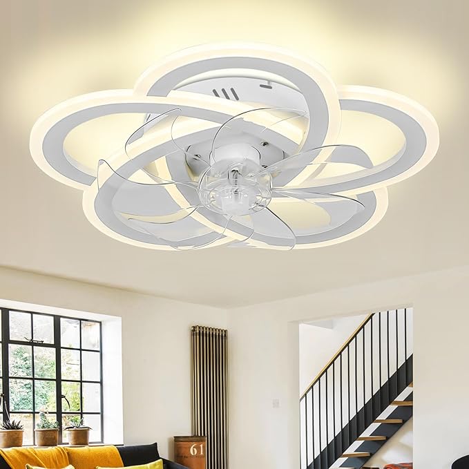Ceiling Fan with Lights Low Profile Ceiling Fan with Lights Remote Control, 6 Speeds 3 Light Color Flush Mount Fan Lamp for Kitchen Bedroom 20.4" White