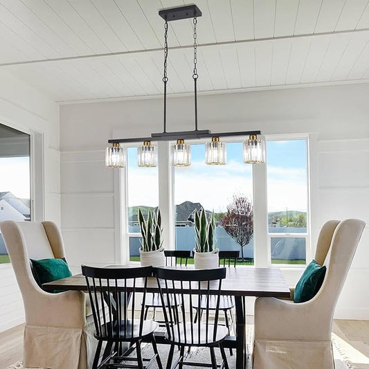 Kitchen Island Light Fixtures ,5 Lights Black and Gold Chandeliers for Dining Room Over Table, Modern Luxury Crystals Pendant Lighting Hanging