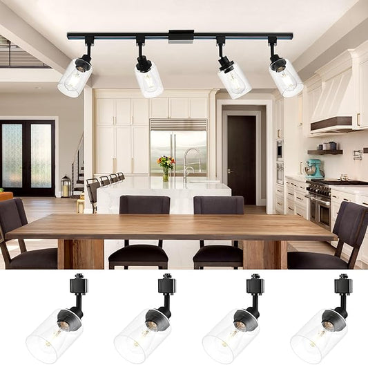 4 Pack H Track Lighting Heads Black Track Lighting Fixtures Ceiling with Clear Glass Shades, H Type Track Lighting Replacement Heads Indoor Spotlight for Accent Retail Kitchen Island Lighting