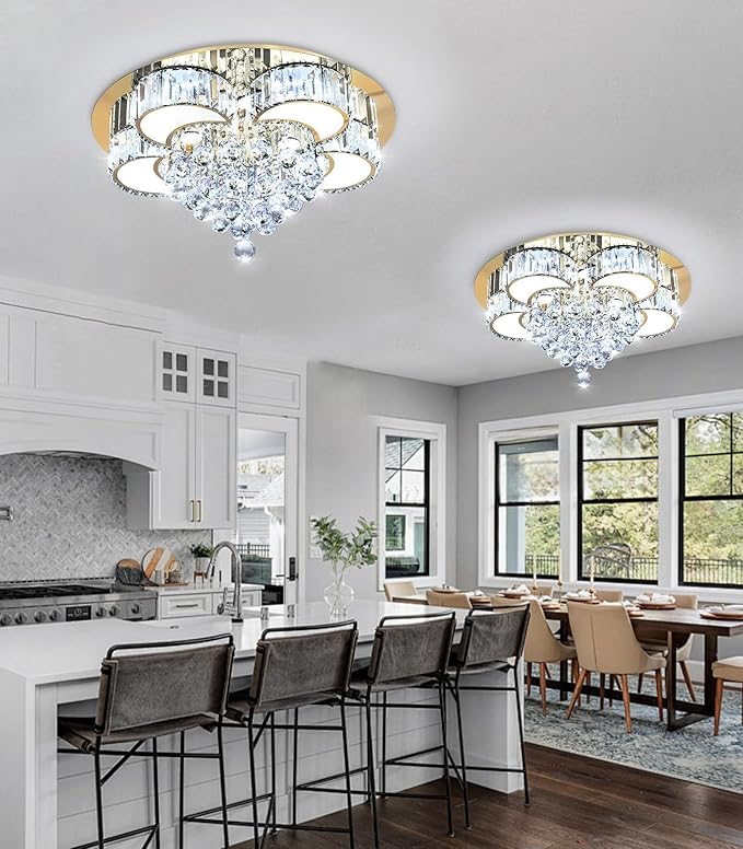 23.6" Gold Modern Crystal Chandeliers for Dining Room LED Dimmable Light Fixtures Flush Mount Light Living Room Bedrooms