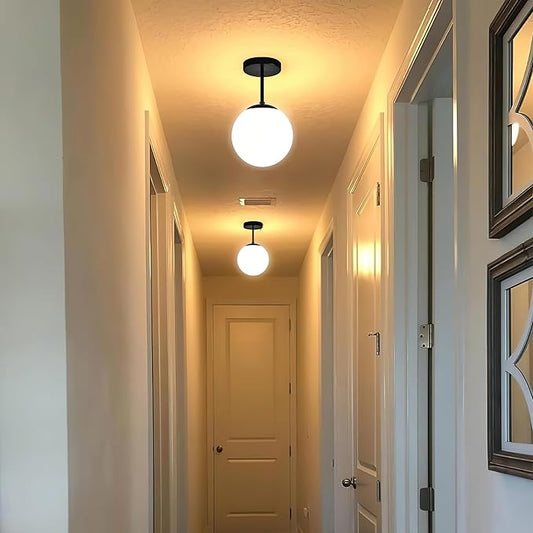 Globe Semi Flush Mount Ceiling Light, Mid Century Modern Light Fixture Ceiling, Milk Glass with Matte Black Finish, Living Room Kitchen Bedroom Hallway Storage Schoolhouse Laundry(LED Bulb Incl.)