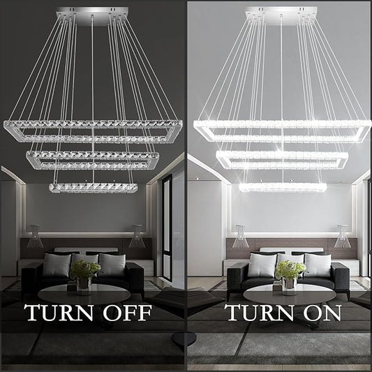 Finktonglan 31.4 inch Modern Crystal Chandelier, 3 Rectangular LED Rings Chandeliers Pendant Ceiling Light for Dining Room Kitchen Island Stair Well (6000K Cool White)