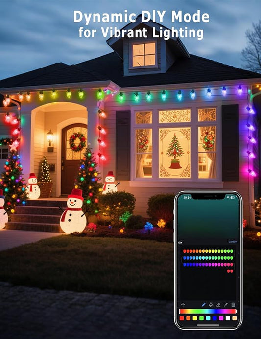 HIITEN Smart RGB C9 Christmas Lights Outdoor 100LEDs 79FT, DIY Chasing Effects with Timer Music Sync APP & Remote, Waterproof Extendable Color Changing String Lights for House