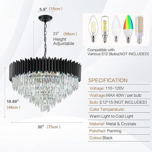 30'' Black Crystal Chandelier 6-Tier K9 Crystal Round Pendant Lights 15-Lights Adjustable Large Modern Crystal Chandelier Light for Dining Room Living Room Kitchen Foyer Entryway
