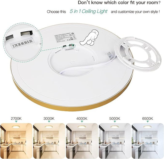 Brightever Gold LED Flush Mount Ceiling Light Fixture, 12 Inch 24W, Super Slim 0.67 Inch 3200LM LED Ceiling Lights, Dimmable & 2700K-6500K 5 Color in One Ceiling Lamp for Bedroom, Porch, 2 Packs