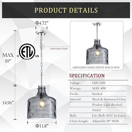 CATINER 16" Extra Large Farmhouse Pendant Light – Hand-Blown Smoked Gray Hammered Glass Shade, Polished Chrome Finish, Adjustable Chain Hanging Light Fixture for Kitchen Island, Dining Room, Hallway
