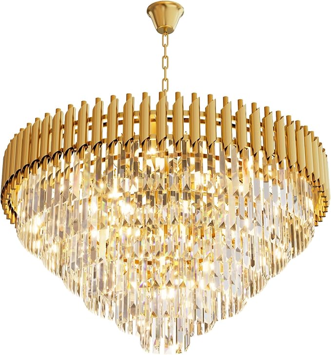 32 inch Gold Crystal Chandelier 6-Tier Modern Luxury Pendant Light Fixture for High Ceiling 13-Light Large K9 Crystal Lighting for Foyer Living Room Dining Room