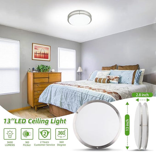 Hlite 13inch LED Flush Mount Ceiling Light, 36W 3600LM Ultra Bright, 5000K Daylight White Ceiling Light Fixture for Bedroom Kitchen Bathroom Hallway, Nickel