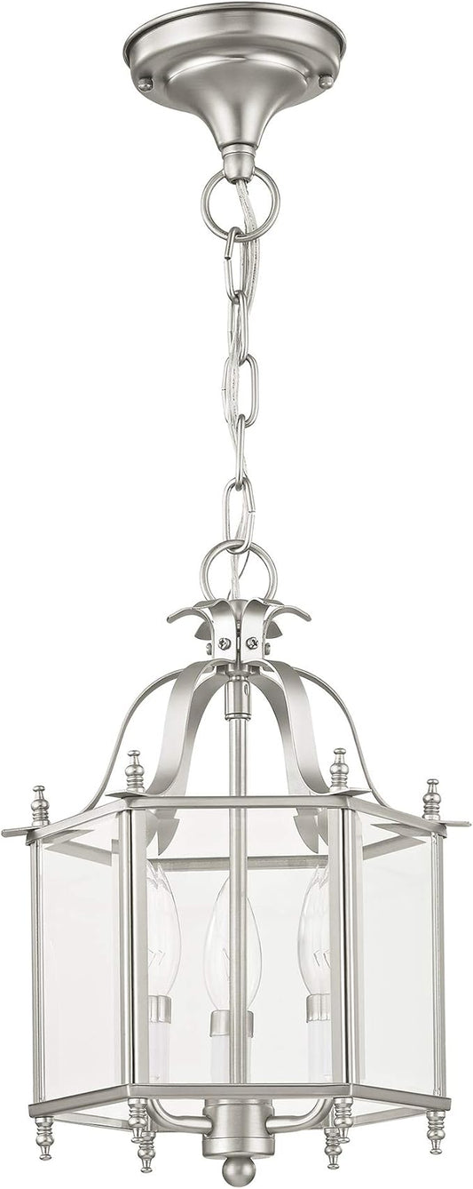 Livex Lighting 4403-91 Home Basics 3 Light Brushed Nickel Hanging Lantern or Flush Mount Chandelier with Clear Beveled Glass