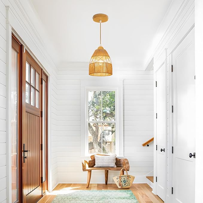 Boho Rattan Pendant Light Kitchen Island,Farmhouse Chandeliers Adjustable Height Hanging lamp for Dining Room,Kitchen Ceiling Lights Fixtures with Hand Woven Wicker Lampshade Lighting