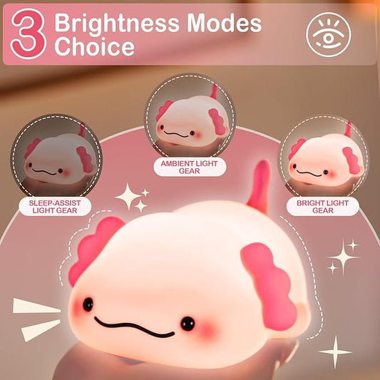Axolotl Night Light for Kids, Rechargeable Cute Squishy lamp - Silicone Adorable Christmas Axolotl Gifts for Kids - Nightlight Nursery Animal Touch Light - Bedroom Decor for Boy, Girls