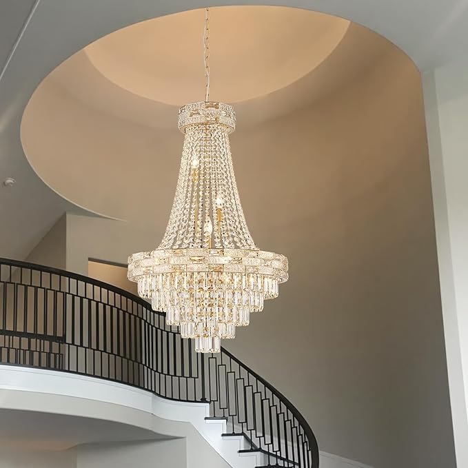 12 Lights Gold Crystal Chandeliers Modern Chandelier for High Ceilings Large Pendant Light Fixture Foyer Staircase Hallway Entryway Living Room Hall Lobby 36" H x 23.5" D