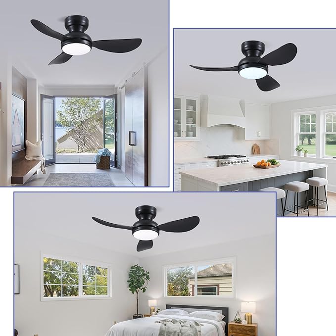 Kviflon 36 Inch Flush Mount Ceiling Fan with Light, 3 Reversible Blades, Remote & APP Control, 3 CCT Dimmable for Bedroom Living Room, Black