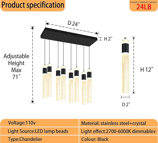 8-Lights Black Hanging Pendant Light for Kitchen Island Modern Dimmable LED Crystal Chandeliers for Dining Room Bedroom Living Room Over Table Adjustable Height