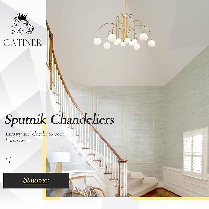 CATINER Large Sputnik Chandeliers 12 Lights Modern Gold Chandelier for High Ceiling L52” Mid Century Ceiling Pendant Light Fixtures with Milk Glass Globe Shades for Living Dining Room Foyer Staircase