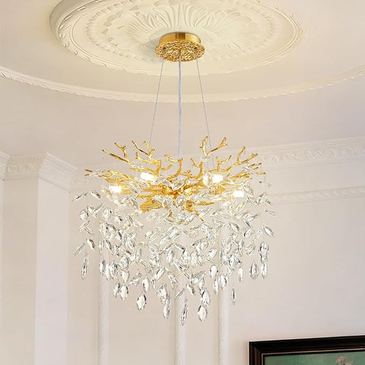 Modern Tree Branch Crystal Chandelier 18" Gold Luxury Large Pendant Lighting 6-Light Contemporary K9 Crystal Chandeliers for Dining Room Kitchen Living Room Foyer Entryway (Gold, D18-Round)