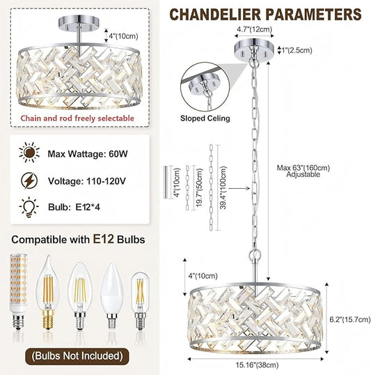 Chrome Crystal Chandelier, 4-Light Morden Dining Room Light Fixture,15.16" Round Semi Flush Mount Chandeliers for Kitchen Foryer Entryway Hallway Living Room Bedroom (ETL Listed)