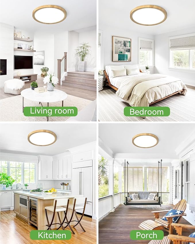 zemty 12Inch Wood-Look Ceiling Light, 28W 3200lm LED Flush Mount Ceiling Light with 3 Color Temperature 3000K/4500K/6000K - Round Flat Light Fixture for Kitchen Bathroom Livingroom,1Pack