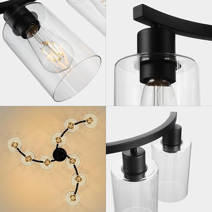 CNRATYE 9-Light Black Modern Chandeliers for Dining Room, Adjustable Height Farmhouse Kitchen Island Lighting, Industrial Hanging Light Fixtures for Living Room Bedroom, Clear Glass Shade