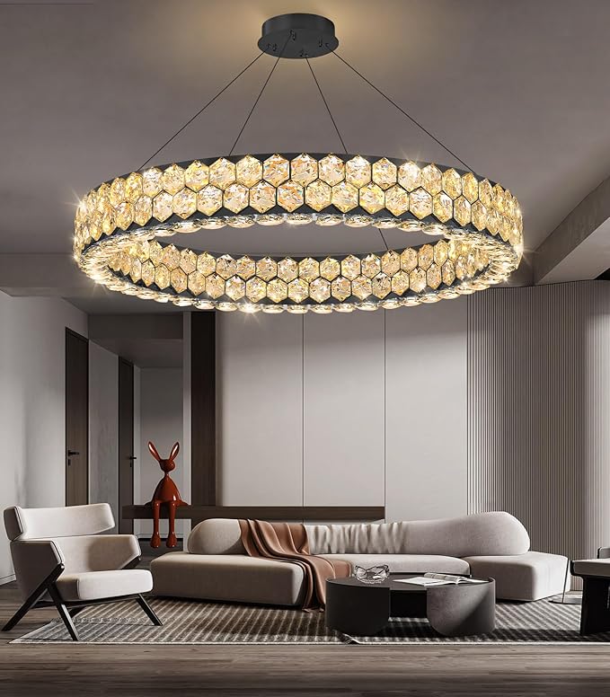 Modern Ring Chandelier Crystal Chandeliers for Dining Room Round Ceiling Light Fixture for Living Room Bedroom Lighting LED Dimmable with Remote Ring Lights Black