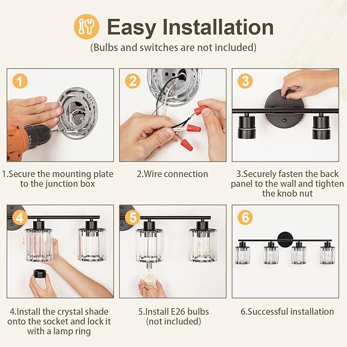 Crystal Bathroom Light Fixtures, Bathroom Lighting Fixtures Over Mirror, Modern 4-Light Brushed Nickel Vanity Lights for Mirror, Restroom, Kitchen(Ceramic E26 Socket,Bulbs Not Include)