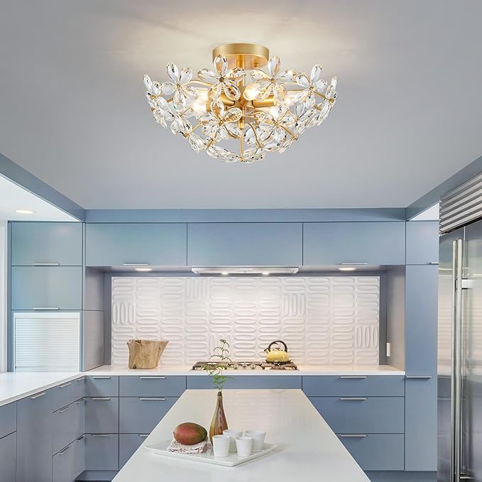WUZUPS Crystal Chandelier Flushmount Ceiling Light Modern Lighting Fixture for Bedroom Hallway Bar Kitchen Bathroom, H 8.9" x W 17.7", Gold, E12 Base
