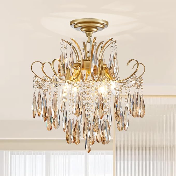 Gold Crystal Chandeliers for Dining Room 4-Light Modern Luxury Light Fixture for Living Room Bedroom Pendant Ceiling Hanging Light, Mid Century