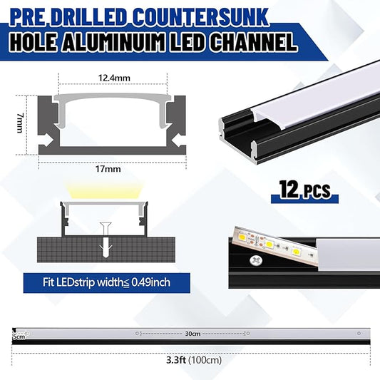 Glooglitter 12 Pack 3.3ft Pre-drilled Countersunk Hole LED Channel Diffuser U Light Strip Aluminum Track with Cover Screw End Cap Easy Cut Tight Flush Mounted Cabinet Tape Light Strip(Black)