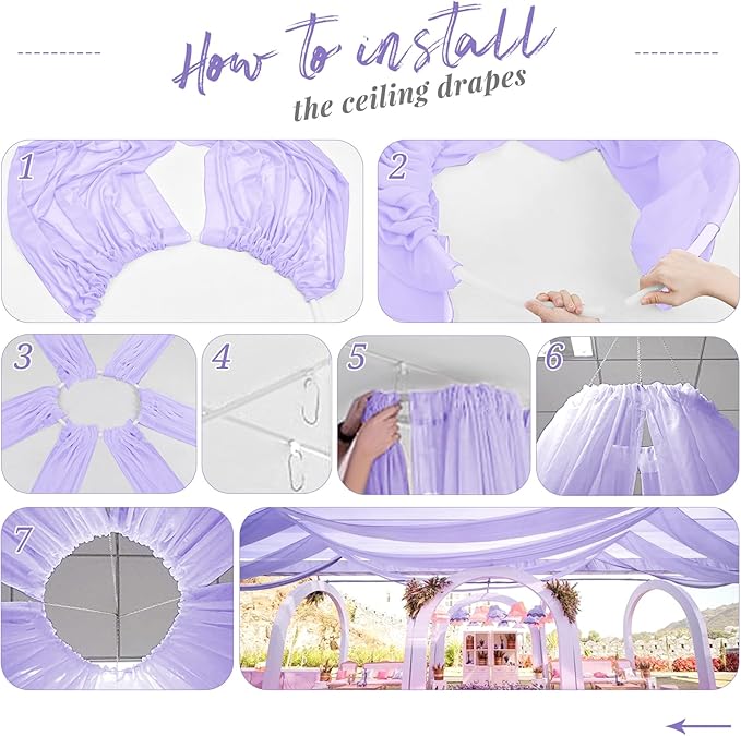 6 Panel Purple Ceiling Drapes for Wedding Arch - 5ft x 30ft Sheer Voile Chiffon Drapery