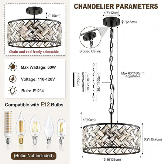 Black Crystal Chandelier, 4-Light Morden Dining Room Light Fixture,15.16" Round Semi Flush Mount Chandeliers for Kitchen Foryer Entryway Hallway Living Room Bedroom (ETL Listed)