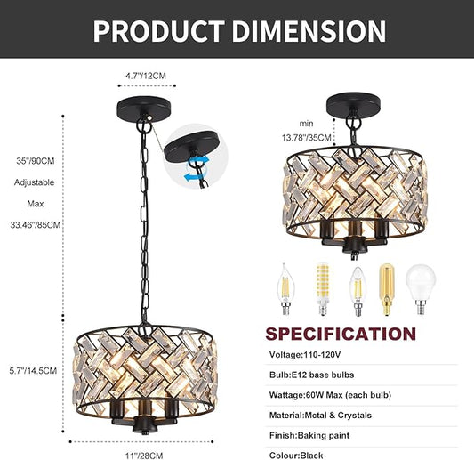 lobolighting Black Crystal Chandelier, 11'' Modern Chandelier, 3-LightSemi Flush Mount Ceiling Light Fixture for Dining Room Foyer Hallway