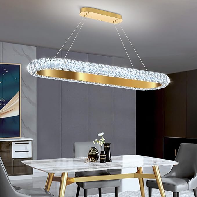 40'' Oval Ring Crystal Chandelier Modern LED Dimmable Ring Pendant Light Chandelier for Dining Room Living Room Gold