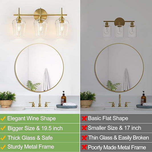 MOKATNG 3-Light Bathroom Light Fixtures, 19.5 Inch Brushed Gold Vanity Lights with Wine-Glass Shape, Bathroom Lights Over Mirror, Modern Wall Lamps for Bedroom Living Room Hallway