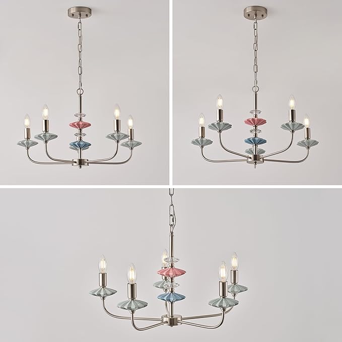 Brushed Nickel Chandeliers for Dining Room Light Fixture ,with Blue Green Ceramic Art Deco Chandelier, Modern Retro Candle Chandelier,Farmhouse Chandelier for Girls Bedroom,Living Room,Foyer