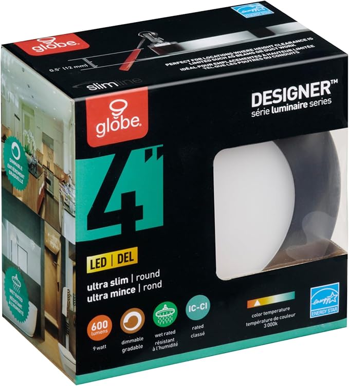 GLOBE Electric 4" Ultra Slim LED Integrated Recessed Lighting Kit 4-Pack, 9 Watts, Energy Star, IC Rated, Dimmable, Wet Rated, Brushed Nickel Finish, 4.25" Hole Size,91122, 540 Lumen
