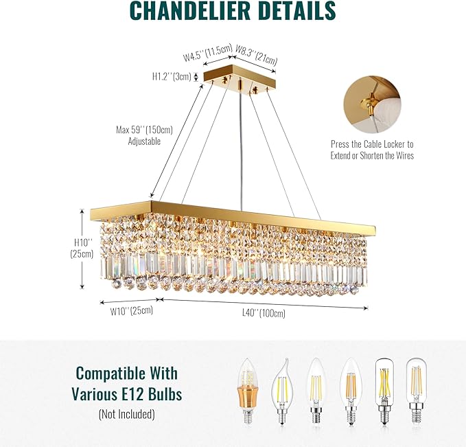 Siljoy 8-Light Modern Crystal Chandelier, 40'' Gold Rectangular K9 Crystal Raindrop Chandelier, Luxury Dimmable Crystal Ceiling Light for Living Dining Room Kitchen Island L40'' x W10'' x H10''