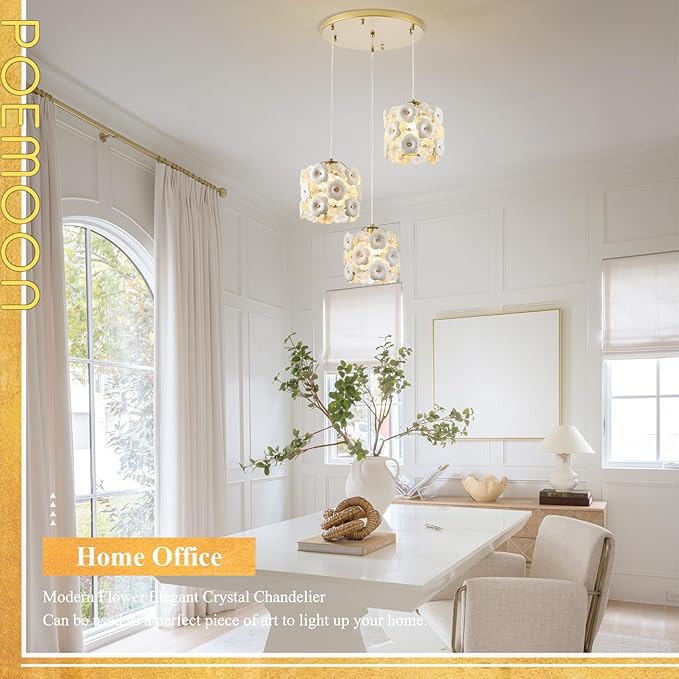 3-Lights Flower Glass Chandelier Modern Gold Cluster Pendant Light Fixture Adjustable Elegant Pendant Lighting for Dinning Room Bedroom Kitchen Island Hallway Entryway