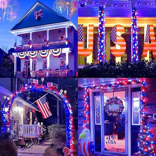 LAMPHOME 100 LED Red White and Blue Lights, 4th of July Decorations String Lights Plug in Indoor Outdoor, 16 Modes Waterproof Patriotic Light for Independence Day Holiday Memorial Day Party Decor