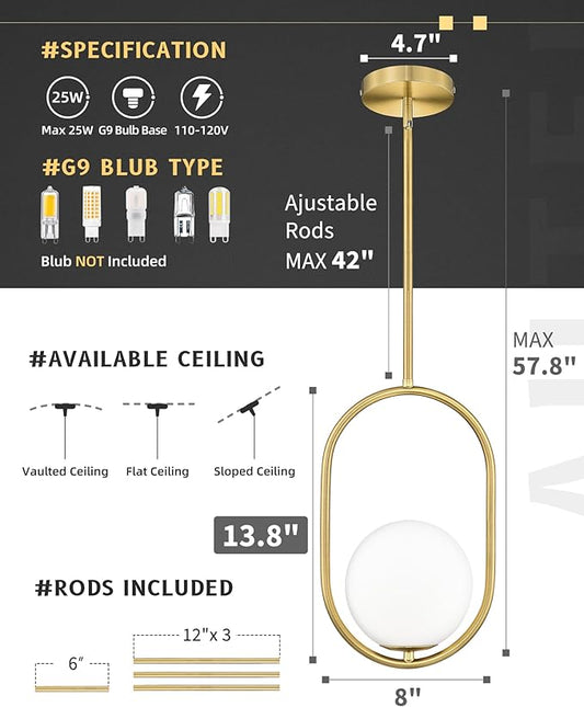 AUTELO Gold Pendant Lights, 1-Light Pendant Lights Kitchen Island in Brushed Gold Finish with Milky White Globe Glass, Mid Century Pendant Light Fixtures, Gold Hanging Lights for Kitchen H9376 MGBG