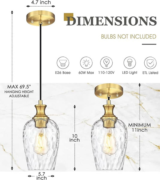 Gold Pendant Lights Kitchen Island, Modern Hanging Lights Fixtures with Hand-Blown Hammered Clear Glass, Farmhouse Brass Kitchen Island Lighting Over Sink, AD-24027-1P-GD