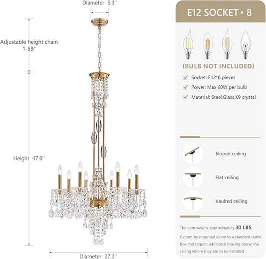 8-Light Crystal Candle Chandelier, Brass Gold Chandelier for Dining Room, Entryway & Living Room, Adjustable Height, E12 Base