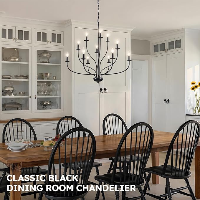 36" Black Farmhouse Chandelier for Dining Room, Modern Large Foyer Chandelier 12-Light Industrial Metal Candle Lighting Fixtures, Modern Farmhouse Chandeliers for Living Room Hallway Entryway E12