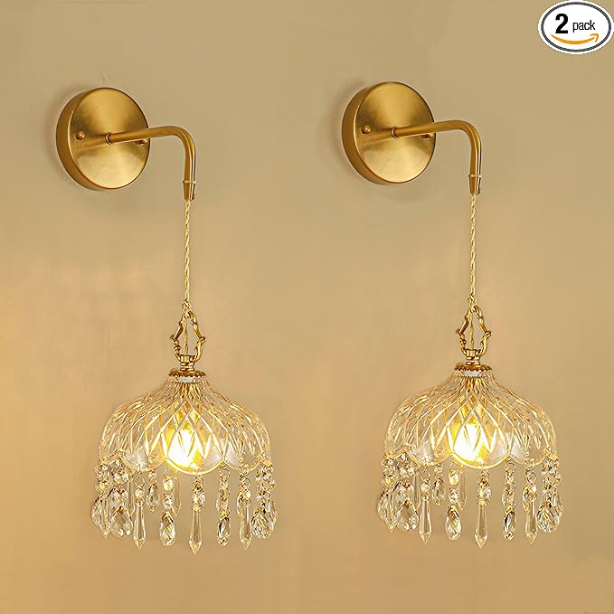 Vintage Crystal Wall Sconce, Brass Finish Pendant Light Fixture with Hanging Crystals, Elegant Diamond Cut Glass Shade (2, L)