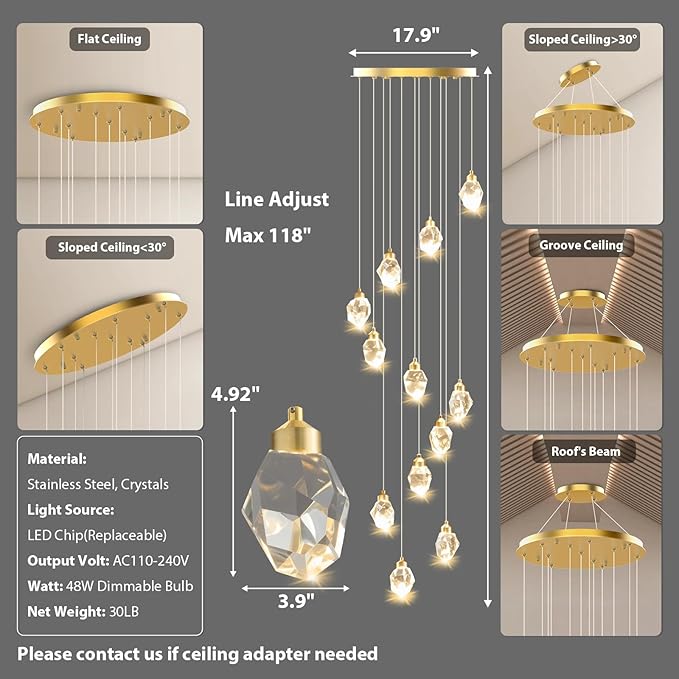 Crystal LED High Ceiling Chandelier: Long Remote Dimmable 12 Gold Pendant Light Fixture - Spiral Drop Flush Mount Sloped Ceilings Modern Chandeliers For Entryway Living Room Foyer Staircase Entrance