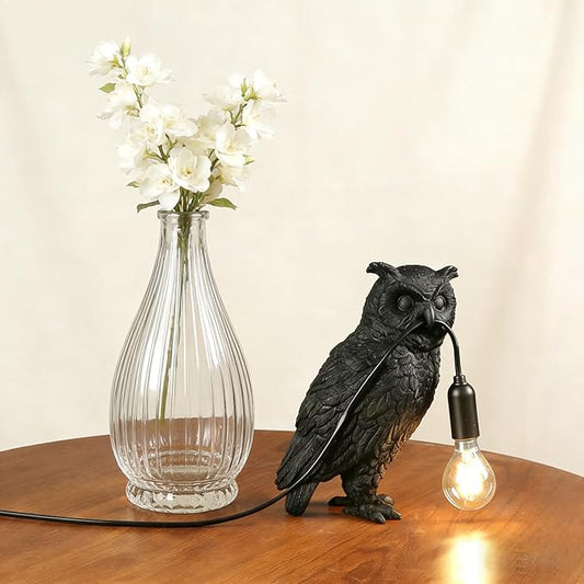 Resin Owl Table Lamp Themed Animal Desk Lamp Art Bird Night Light Lamp for Bedside,Living Room,Office Decor,AC 110V (Black Owl Lamp)