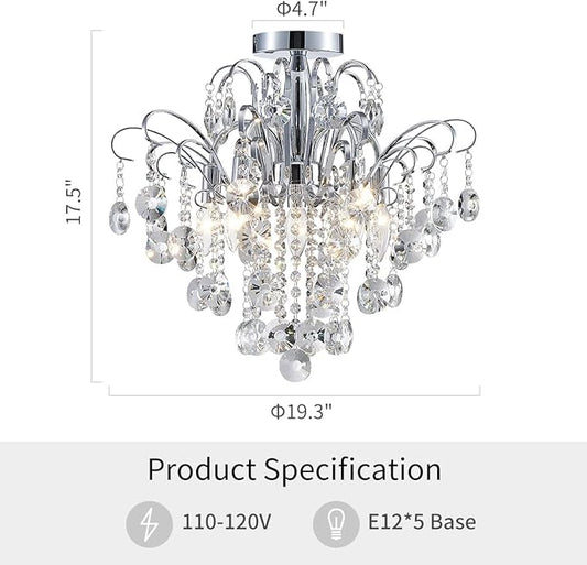 WUZUPS Crystal Chandelier Flushmount Ceiling Light Modern Lighting Fixture for Bedroom Hallway Bar Kitchen Bathroom, H 17.5'' x W 19.3'', E12 Base, Chrome