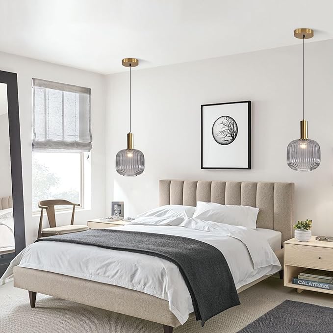 BOKT Modern Smoke Gray Glass Pendant Light 2-Pack Kitchen Island Globe Striped Pendant Lights Farmhouse Adjustable Cord Hanging Light Fixture for Dining Room