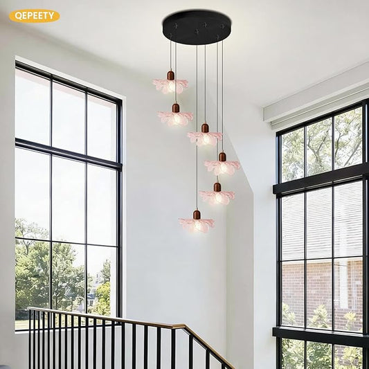 6-Light Pink Glass Flower Chandelier with Wood, Modern Adjustable Staircase Pendant Light, Mid Century Floral Hanging Ceiling Fixture for Living Room Dining Room Foyer Entryway